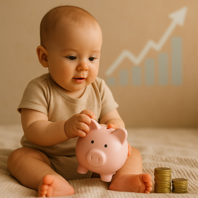 bébé avec tirelire symbolisant l'épargne précoce