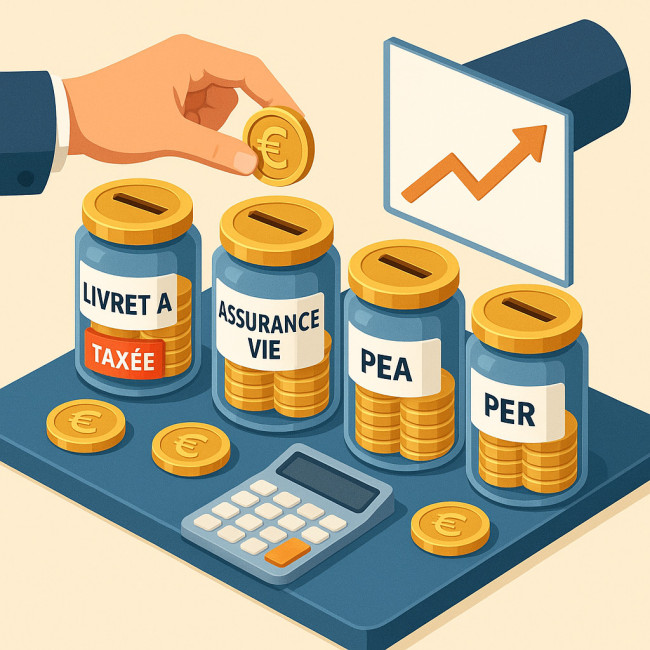 Optimisation de la fiscalité de l'épargne illustrée par des pots et une calculatrice