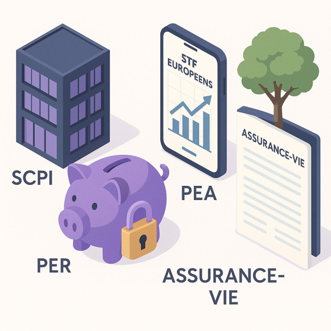 illustration des supports SCPI, PER, PEA et assurance-vie