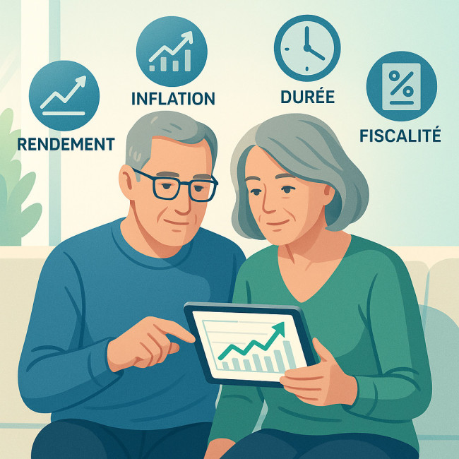 Couple calculant leur rente mensuelle sur tablette